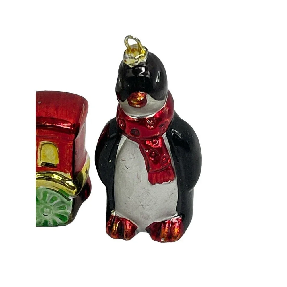 Vintage Glass Santa Holding Doll and Gifts Tree  Penguin Metallic Paint